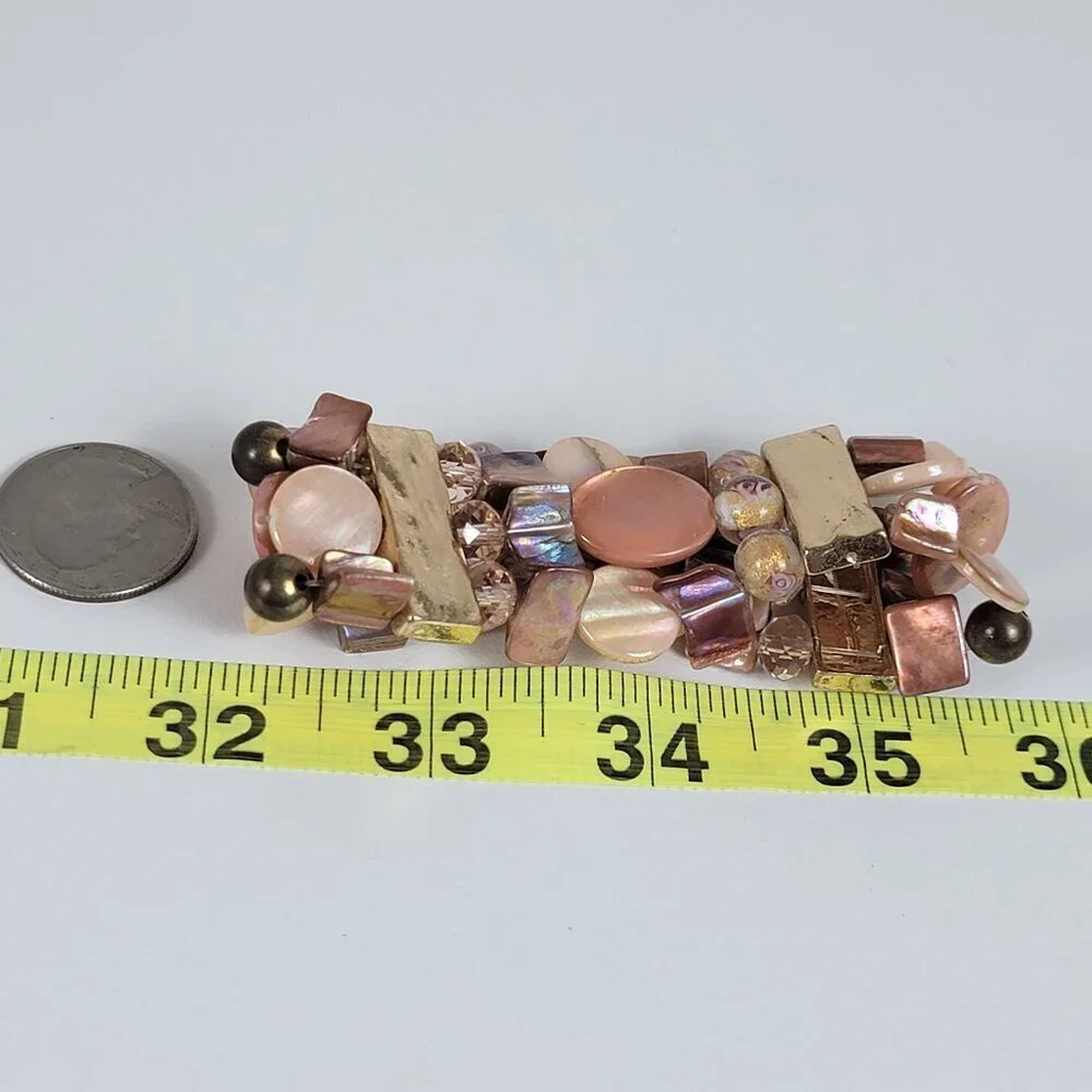 Gold Tone Pink Mother Of Pearl And Millefiori Glass Beaded Stretch Bracelet 7 In - Picture 6 of 7